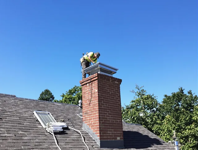 Ashland Chimney Sweep technician measuring a chimney cap in Ashland, MA